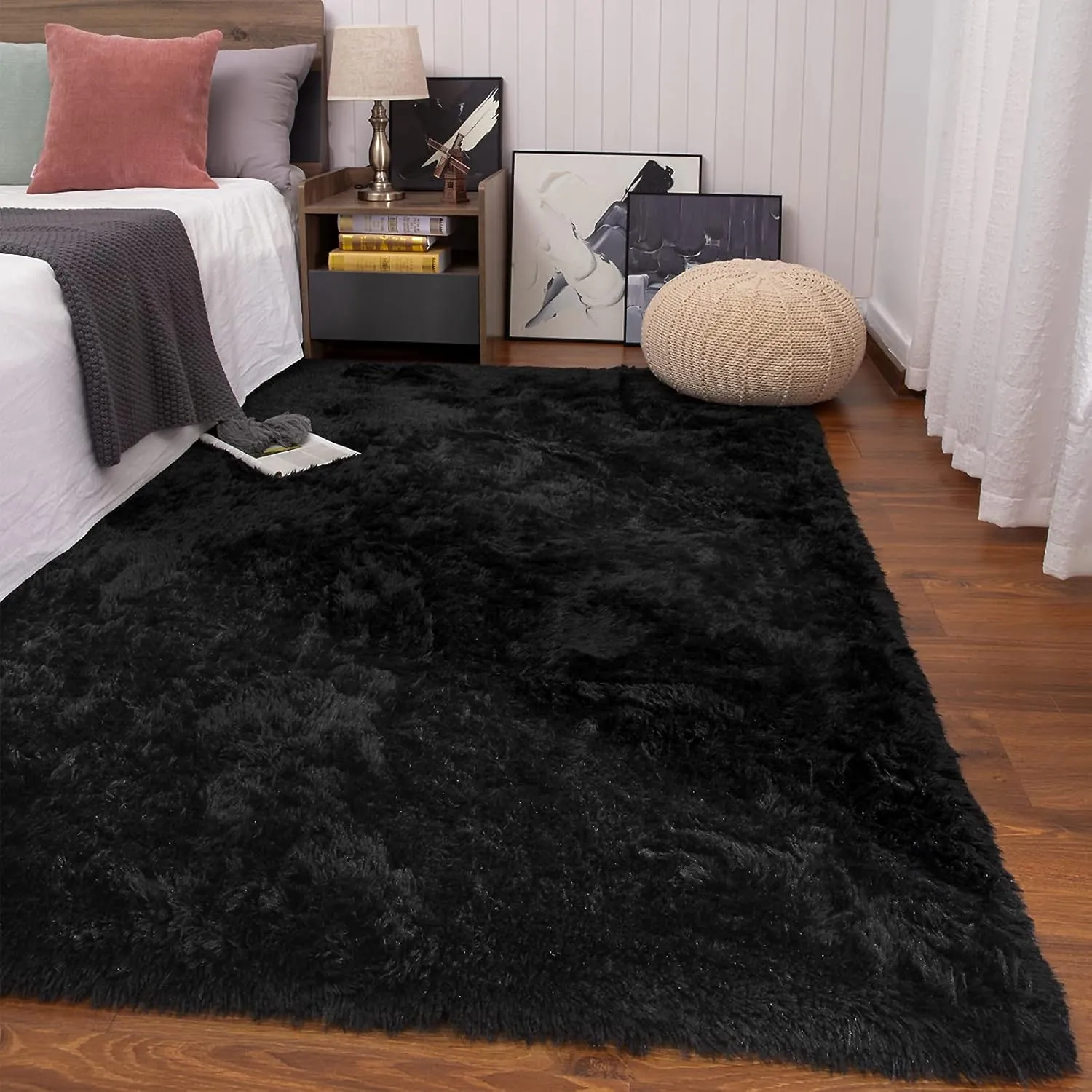 Keeko Fluffy Area Rugs for Bedroom Living Room, 4x5.3 Soft Plush Bedside Rug Modern Indoor Throw Rug Shag Fuzzy Nursery Carpet Non Slip Rugs for Kids Girls Baby Teen Dorm Room Home Decor Black