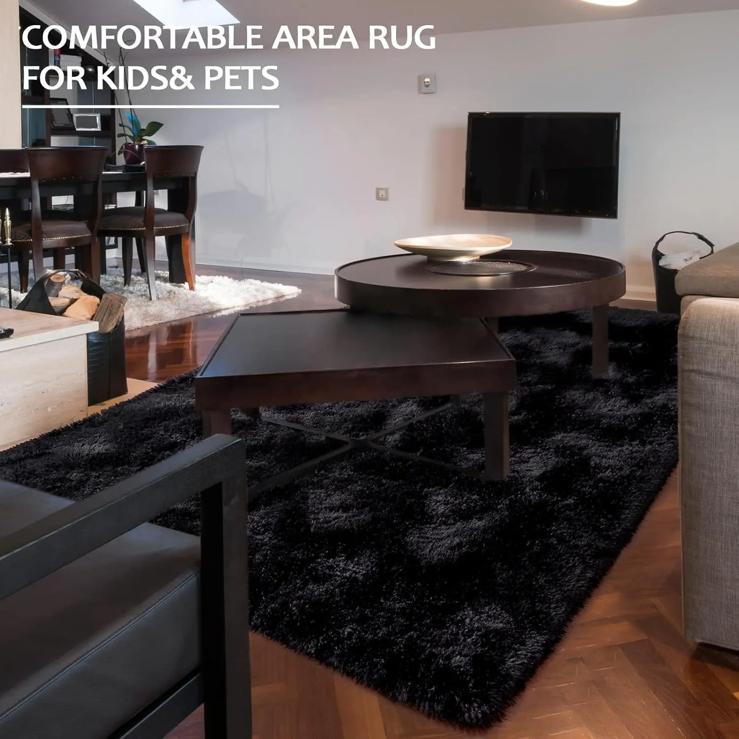 Keeko Fluffy Area Rugs for Bedroom Living Room, 4x5.3 Soft Plush Bedside Rug Modern Indoor Throw Rug Shag Fuzzy Nursery Carpet Non Slip Rugs for Kids Girls Baby Teen Dorm Room Home Decor Black