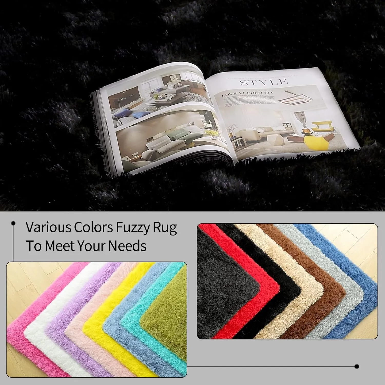 Keeko Fluffy Area Rugs for Bedroom Living Room, 4x5.3 Soft Plush Bedside Rug Modern Indoor Throw Rug Shag Fuzzy Nursery Carpet Non Slip Rugs for Kids Girls Baby Teen Dorm Room Home Decor Black