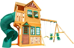 KidKraft Buffalo Crossing Wooden Swing Set with Playhouse, Rock Wall, Tube Slide and Glider