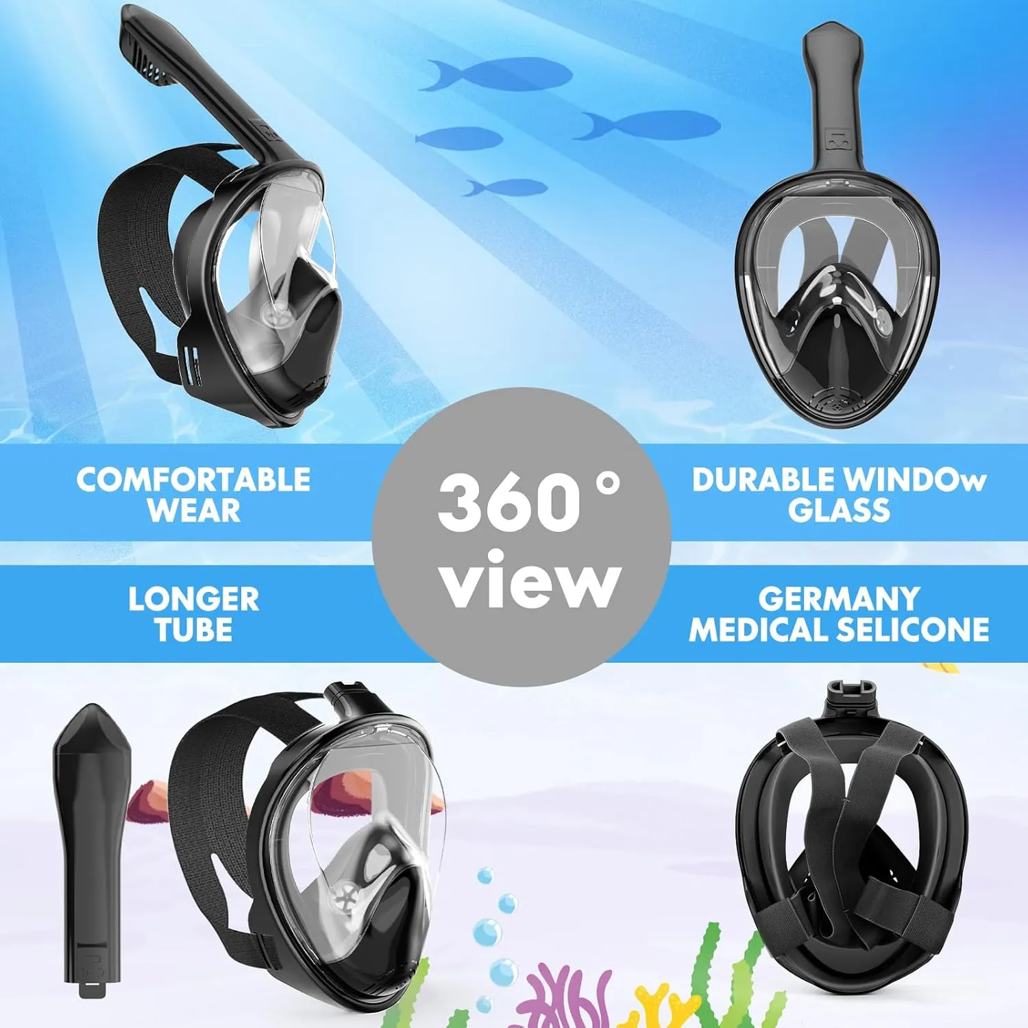 Kids Snorkel Mask Full Face, Snorkeling Gear for Kids 2-14 with Camera Mount, 180 Degree Panoramic View Snorkeling Set Anti-Fog Anti-Leak