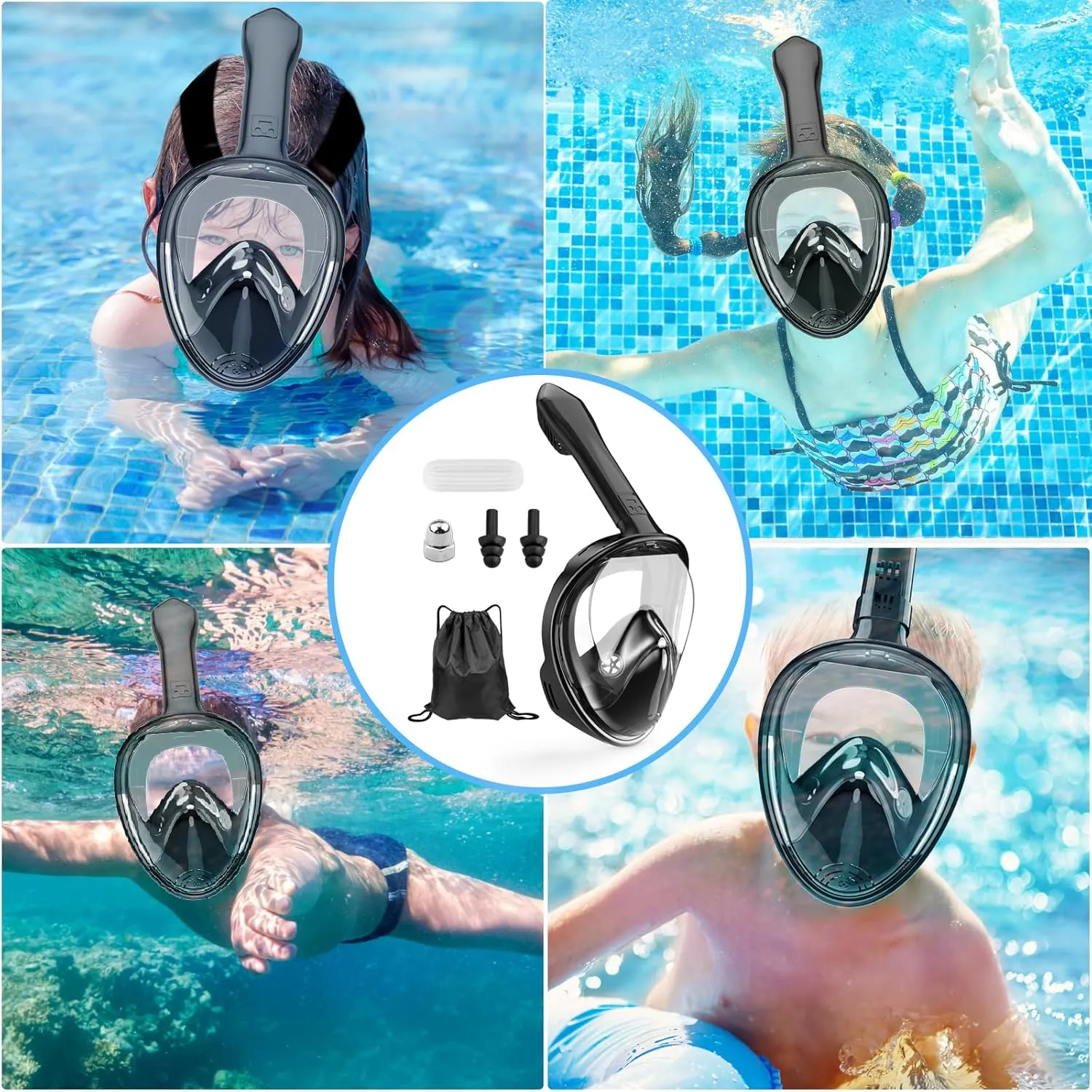 Kids Snorkel Mask Full Face, Snorkeling Gear for Kids 2-14 with Camera Mount, 180 Degree Panoramic View Snorkeling Set Anti-Fog Anti-Leak