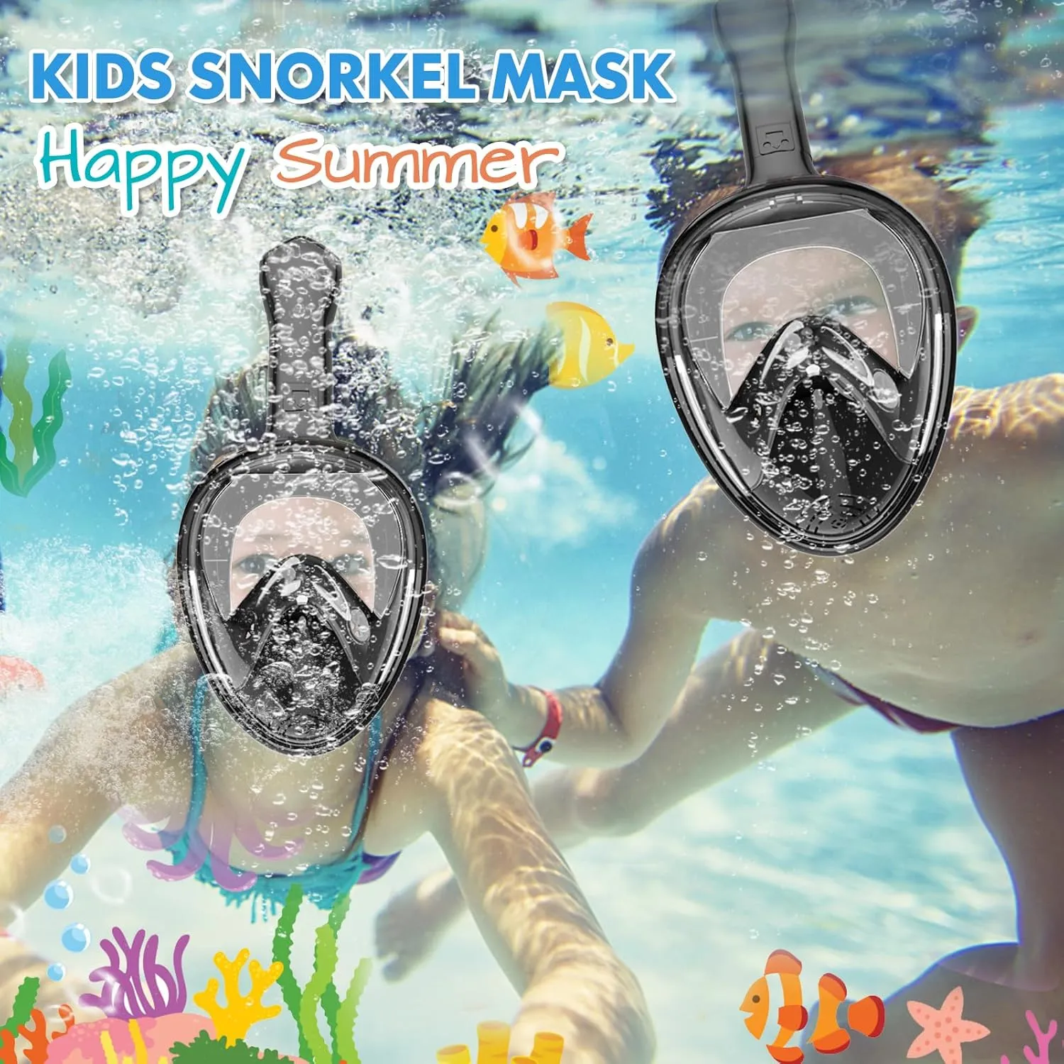 Kids Snorkel Mask Full Face, Snorkeling Gear for Kids 2-14 with Camera Mount, 180 Degree Panoramic View Snorkeling Set Anti-Fog Anti-Leak