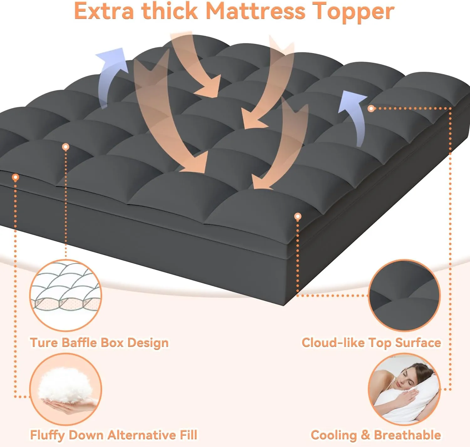 King Mattress Topper for Back Pain, Extra Thick Pillow Top Mattress Pad Cover with 8-21 Inch Deep Pocket, Soft Mattress Protector Overfilled Down Alternative (Gray, King)