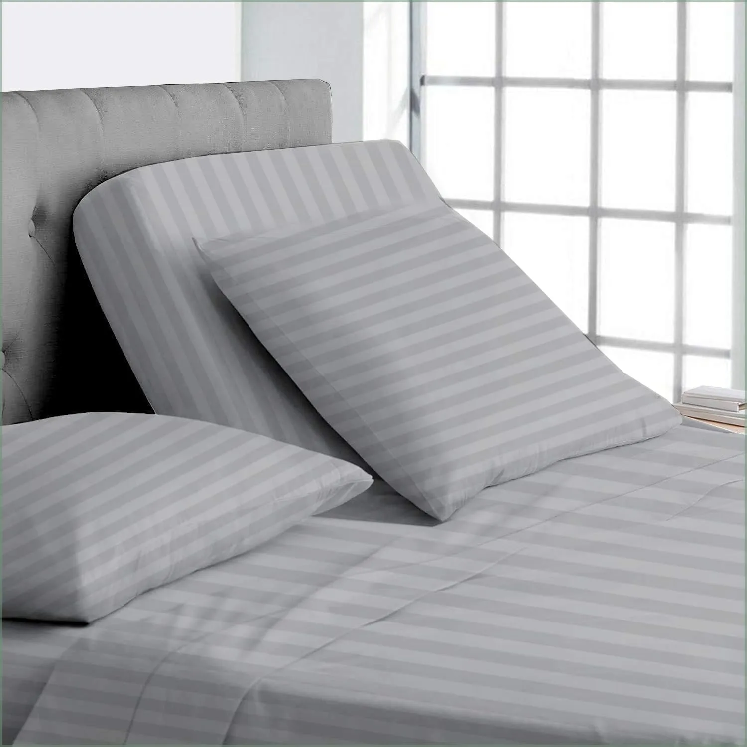 King/32 Top Split Sheets Sets for Adjustable beds, Sheets for Sleep Number 12 Inch deep Pocket 100% Cotton, Flex Top Sheets, Light Grey Stripe