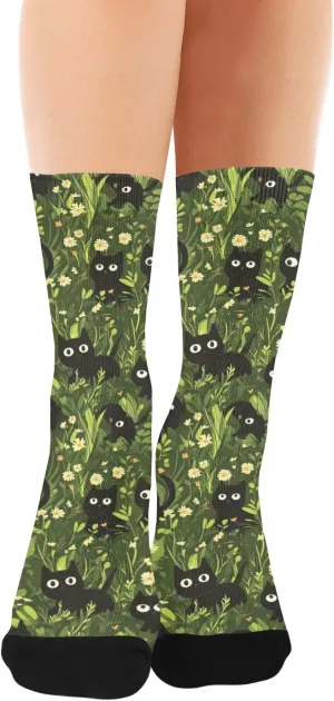 KLL cartoon green Grassland black cart crew socks womens running soft wicking black socks for men (1-Pair)