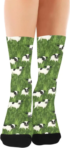 KLL green grassland white cow women’s crew socks running soft wicking white socks men (1-Pair)