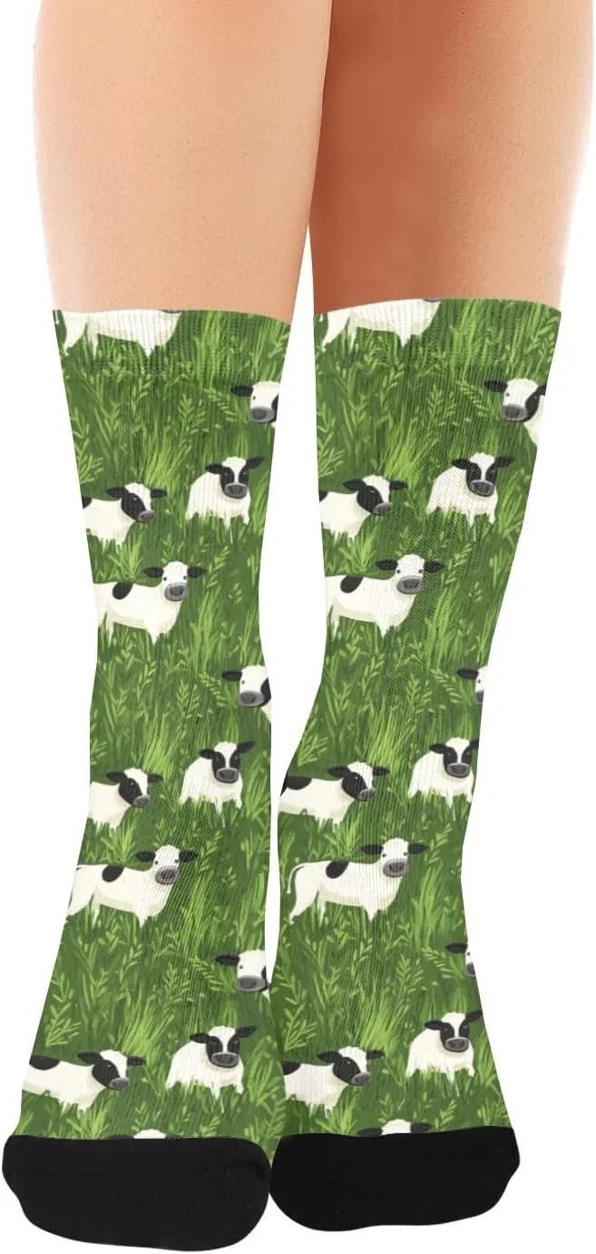 KLL green grassland white cow women’s crew socks running soft wicking white socks men (1-Pair)