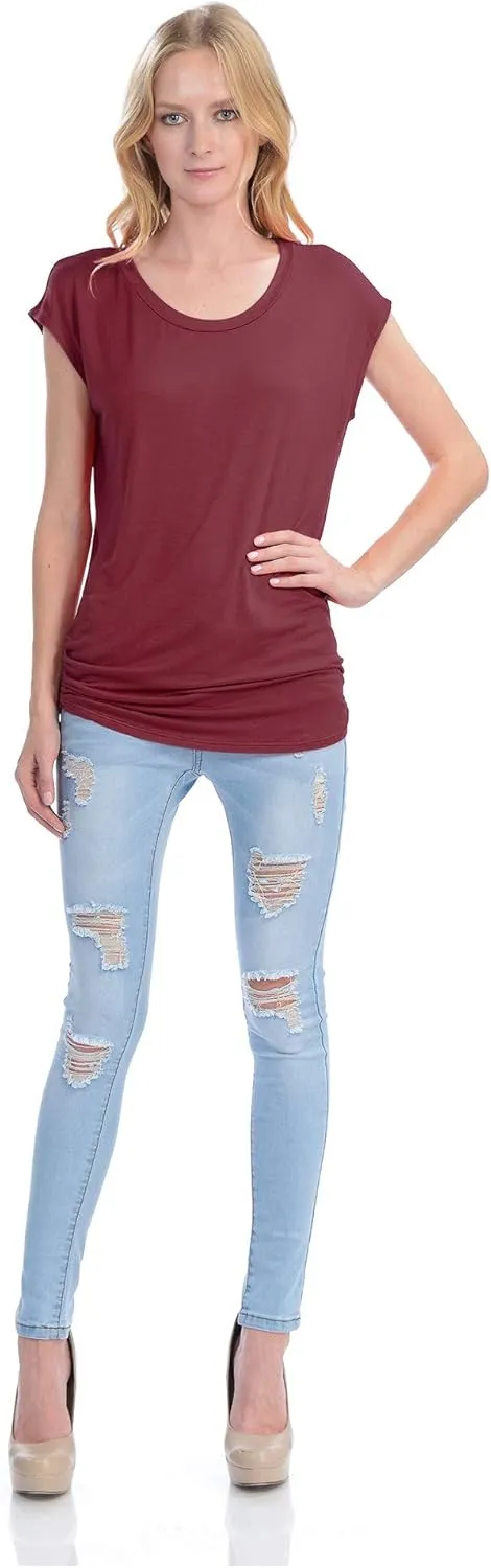KOGMO Womens Short Sleeve Solid Basic Tunic Top Tee with Side Shirring