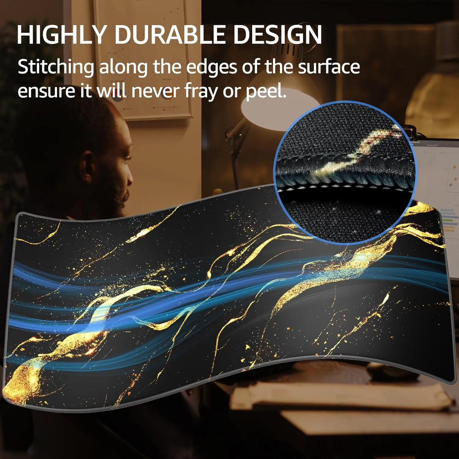 KTRIO Large Gaming Mouse Pad with Superior Micro-Weave Cloth, Extended Mousepad with Stitched Edges, Non-Slip Base, Water Resist Keyboard Pad for Gamer, Office & Home, Black Gold