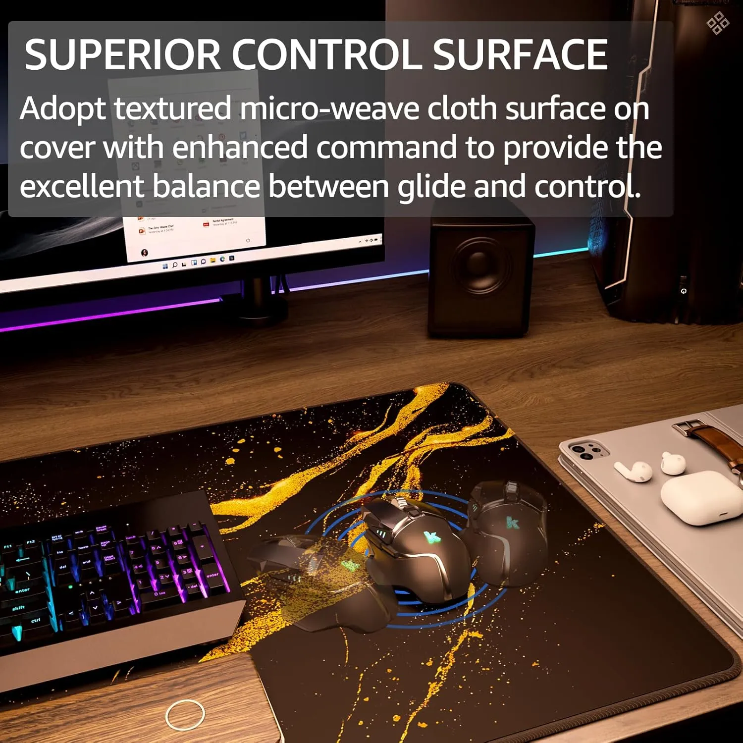 KTRIO Large Gaming Mouse Pad with Superior Micro-Weave Cloth, Extended Mousepad with Stitched Edges, Non-Slip Base, Water Resist Keyboard Pad for Gamer, Office & Home, Black Gold