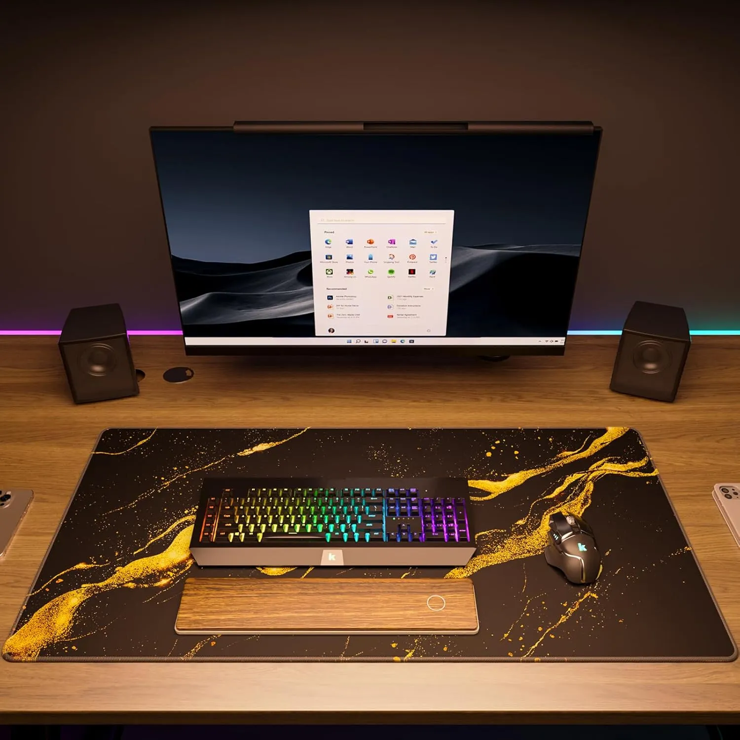 KTRIO Large Gaming Mouse Pad with Superior Micro-Weave Cloth, Extended Mousepad with Stitched Edges, Non-Slip Base, Water Resist Keyboard Pad for Gamer, Office & Home, Black Gold