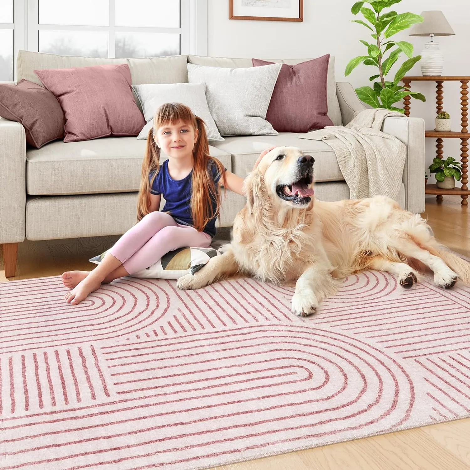 Lahome Abstract Washable Rugs 5x7, Soft Pink Rugs for Living Room Bedroom Girls, Ultra-Thin Non-Shedding Modern Throw Large Carpet for Dining Room Office(5'x7',Pink)