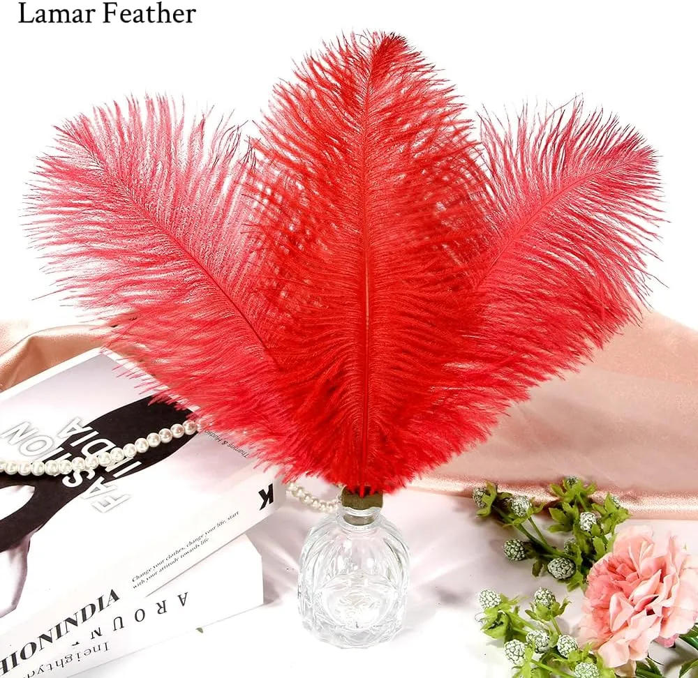 Lamar 20Pcs 14-16'' Red Ostrich Feathers for Decoration, Wedding Centerpieces, Crafts, Festival, Carnival, Party Decor, Floral Arrangement, Bohemian Home Decor (Red)