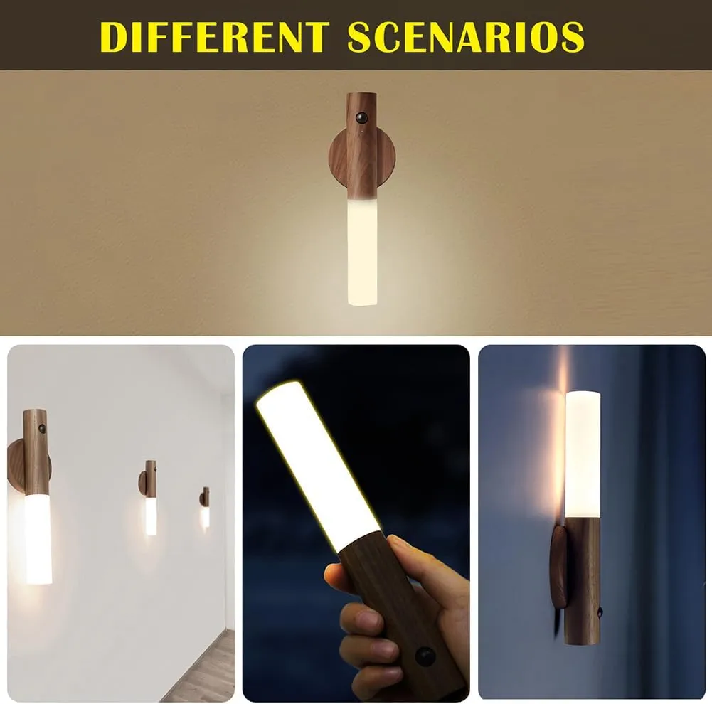LANDGOO Wooden Motion Sensor Night Lights Magnet Body Sensor Hallway Night Lights Rechargeable Led Light Portable Stairway Wall Sconce Battery Powered Cabinet Lights (Walnut Wood 1PC)