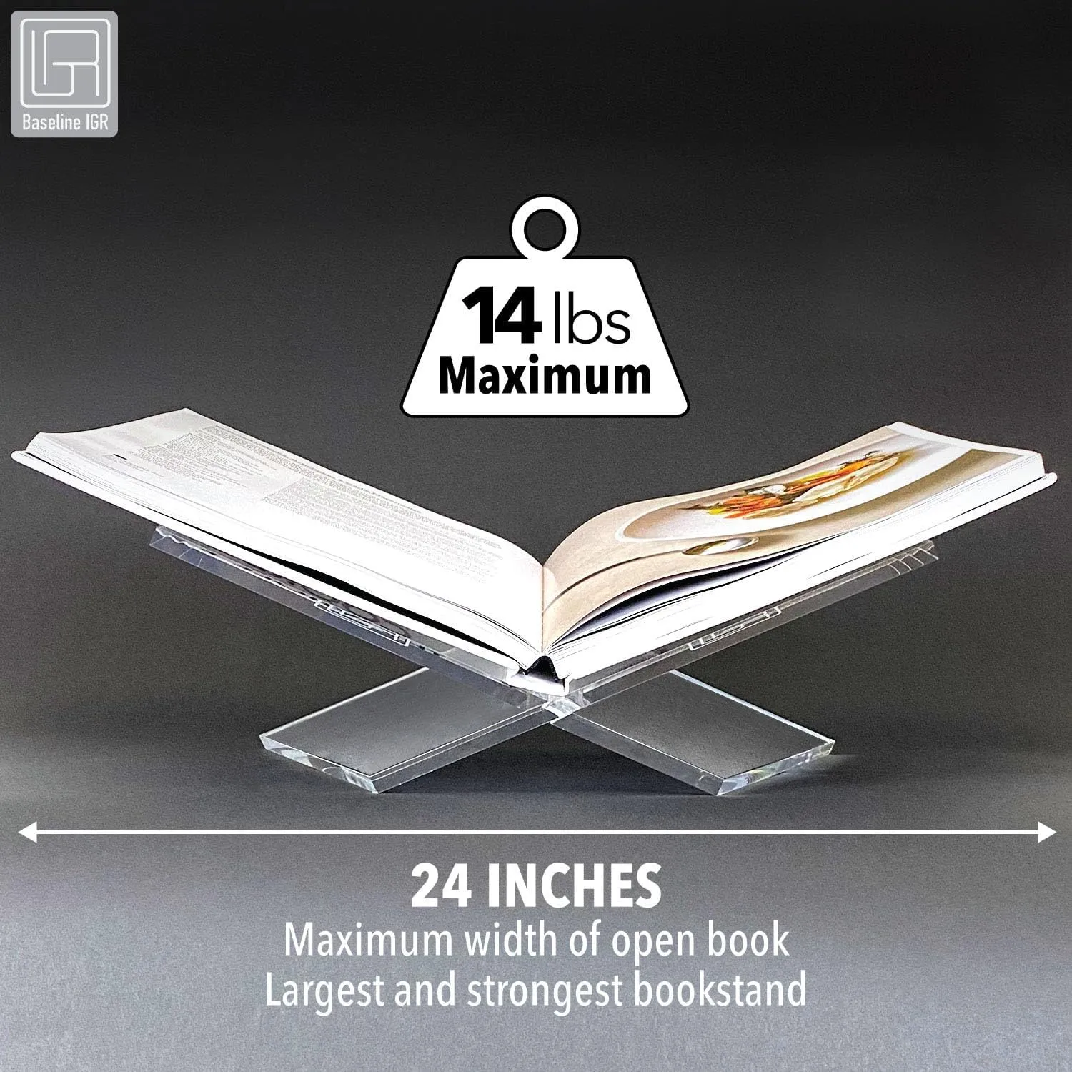 Large Clear Acrylic Book Stand, 12.5" x 9.5" x 5.5”, Acrylic Book Holder, Open Bookstand for Display and Reading Cookbooks, Art Books, Bibles, Magazines - Home and Office
