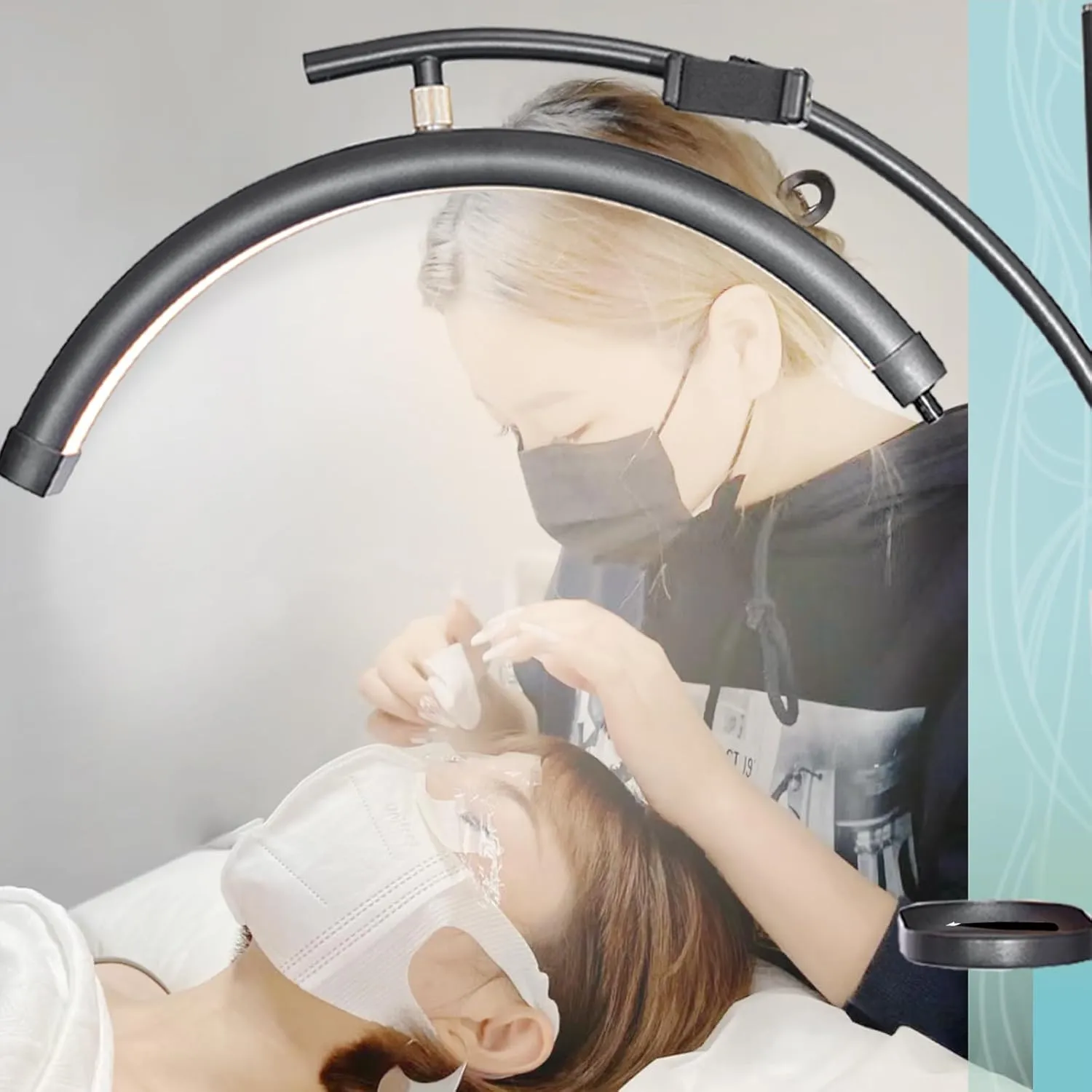 Lash Light Esthetician Lamp for Lash Extensions - LED Floor Lash Lamp Half Moon Ring Facial Light for Eyelash Tech with Pallets & Phone Holder Light for Tattoo Artists, Nail Tech X Black