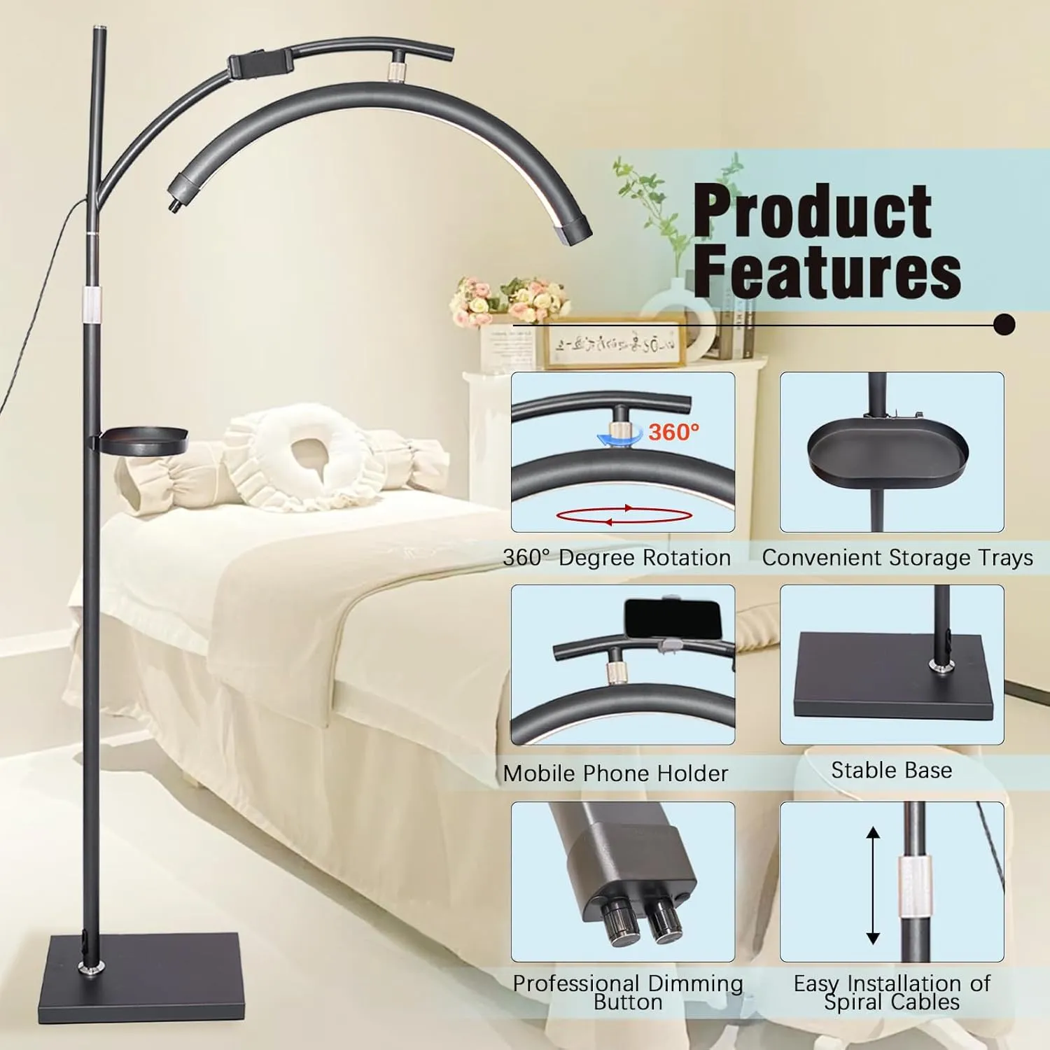 Lash Light Esthetician Lamp for Lash Extensions - LED Floor Lash Lamp Half Moon Ring Facial Light for Eyelash Tech with Pallets & Phone Holder Light for Tattoo Artists, Nail Tech X Black