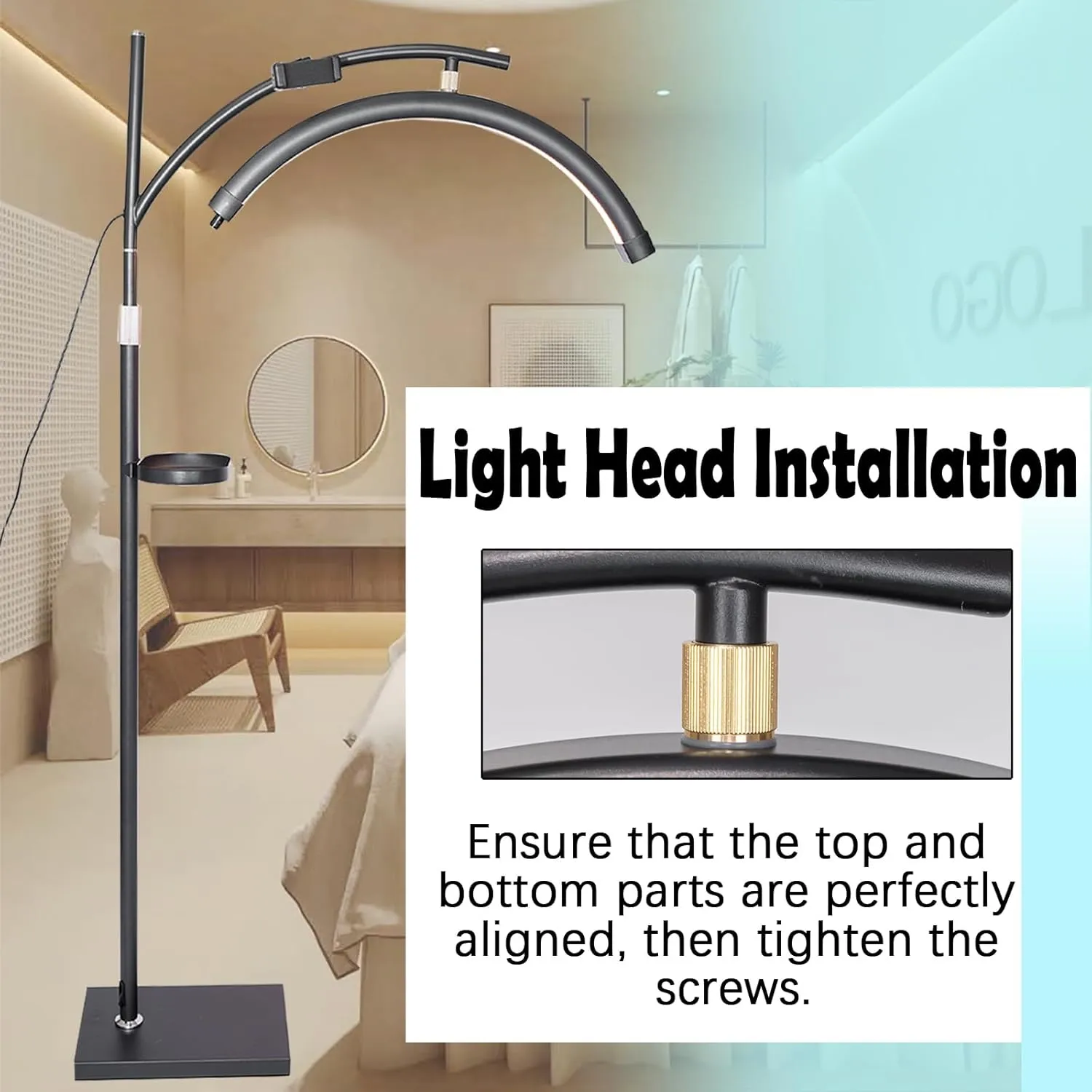 Lash Light Esthetician Lamp for Lash Extensions - LED Floor Lash Lamp Half Moon Ring Facial Light for Eyelash Tech with Pallets & Phone Holder Light for Tattoo Artists, Nail Tech X Black