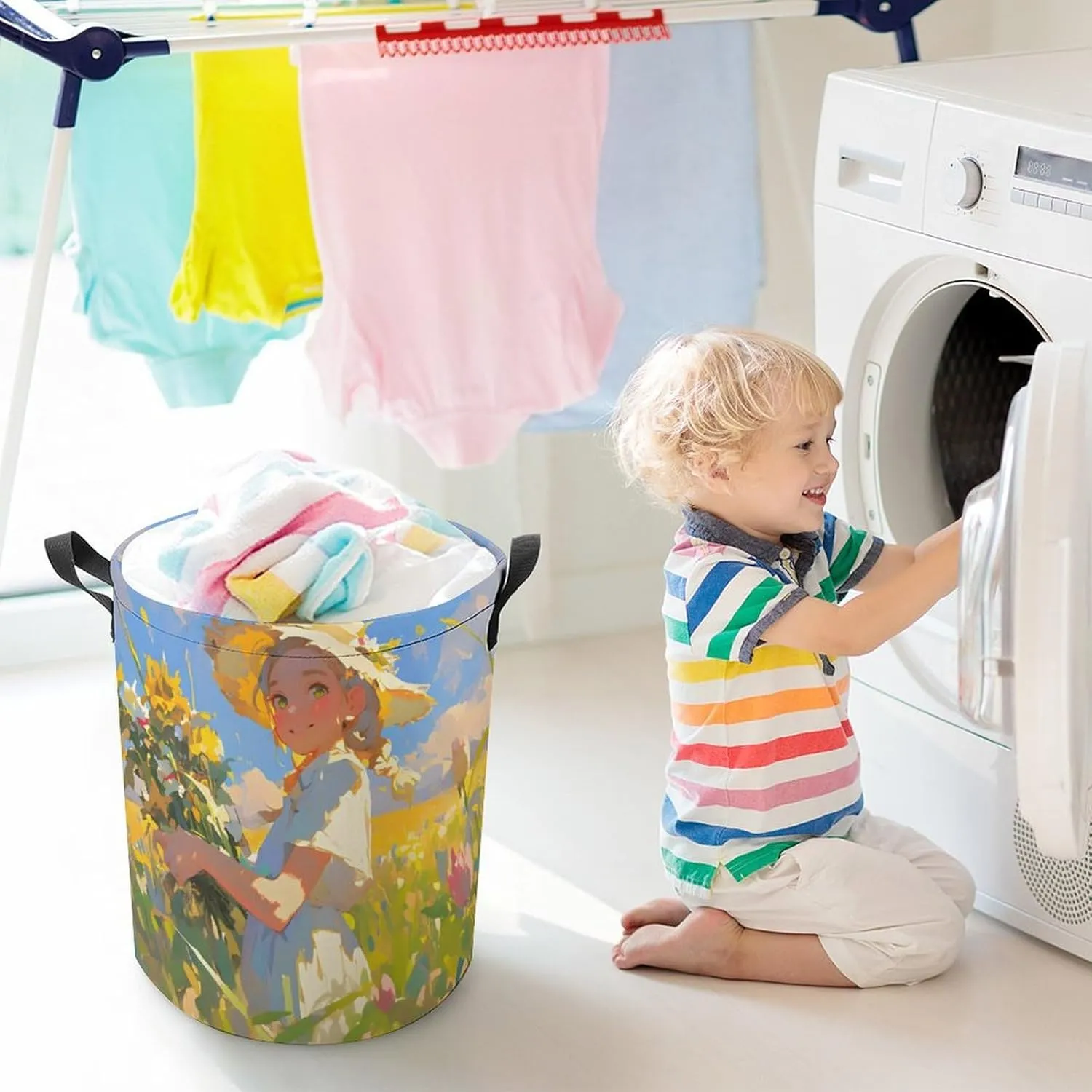 Laundry Hampers, Large Drawstring Laundry Bag, Removable Laundry Bags, Collapsible Storage Bin with Handles for Home Organization, Kids Room, Nursery Botany