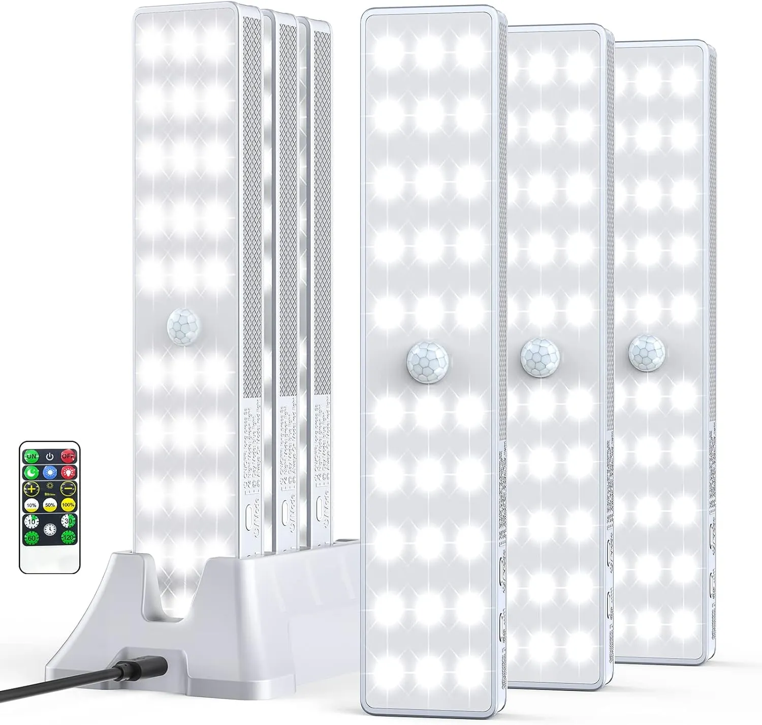 LED Closet Light with Charging Station, 6 Pcs 30LEDs Dimmer Rechargeable Motion Sensor Under Cabinet Lighting with Remote Control, Wireless Stick-Anywhere Night Light for Wardrobe,Kitchen