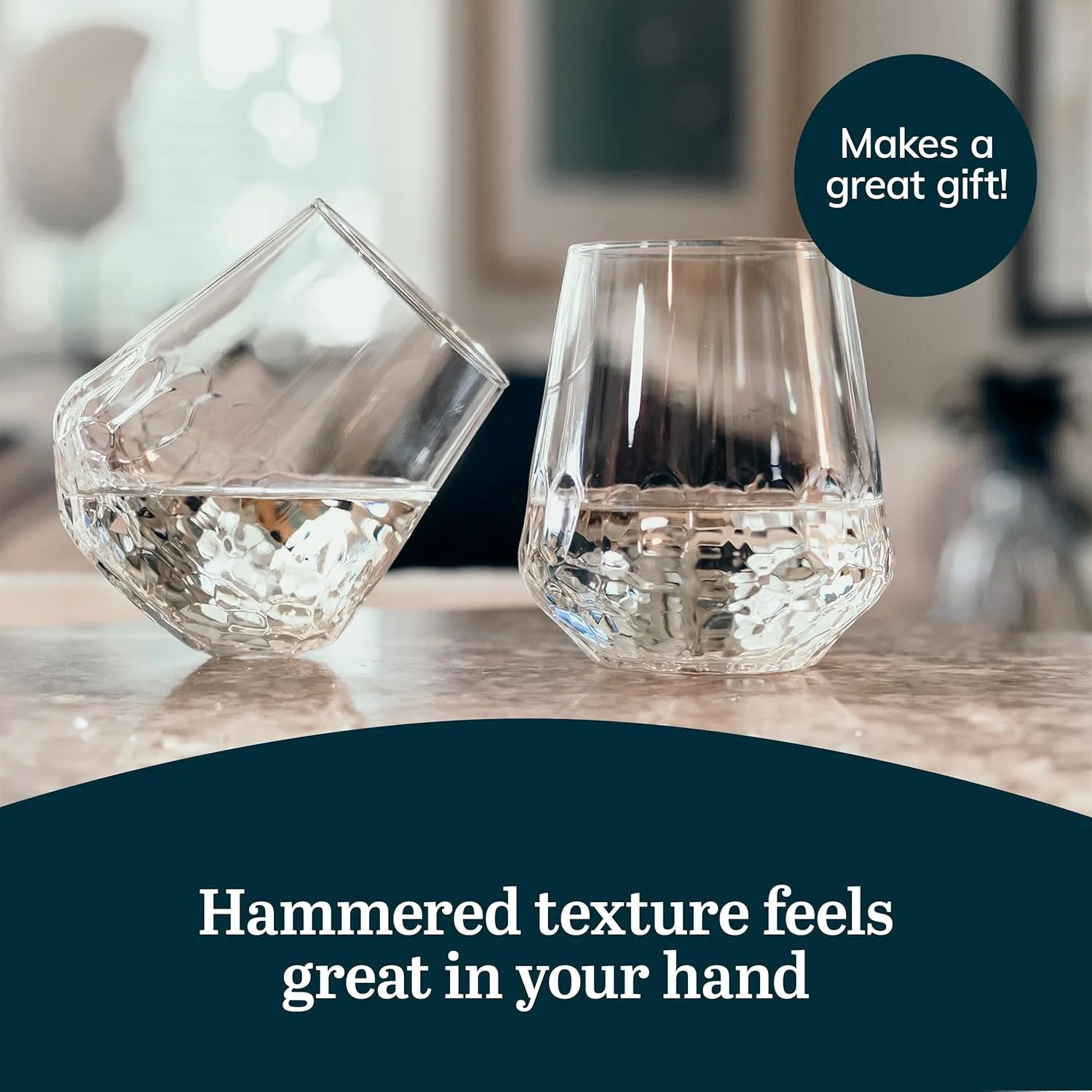 Libbey Hammered Stemless Wine Glasses Set of 8, 17-ounce, Dishwasher-Safe, Chiseled Textured Glassware Set, All Purpose Wine Glasses for Everyday Use