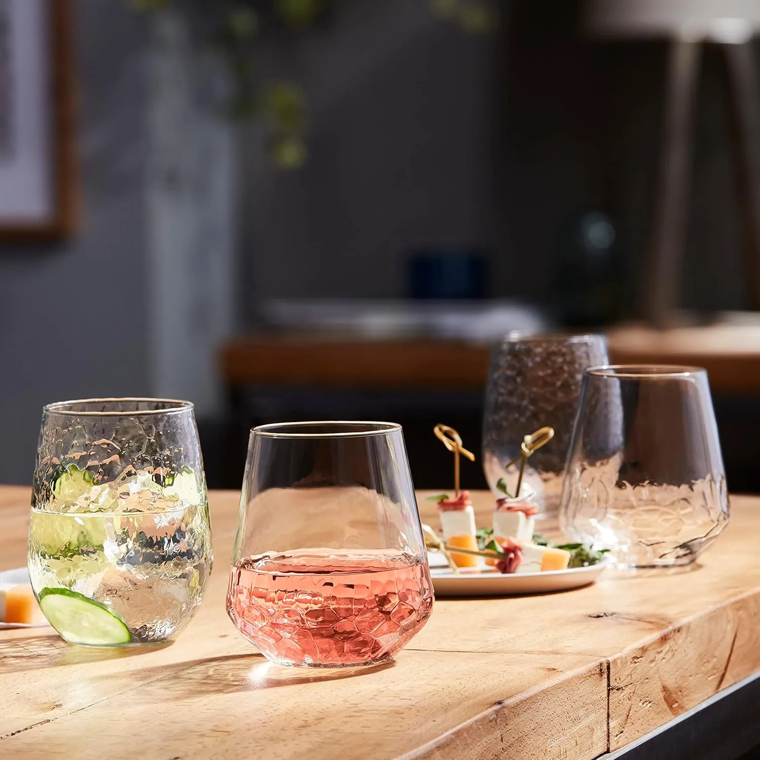 Libbey Hammered Stemless Wine Glasses Set of 8, 17-ounce, Dishwasher-Safe, Chiseled Textured Glassware Set, All Purpose Wine Glasses for Everyday Use
