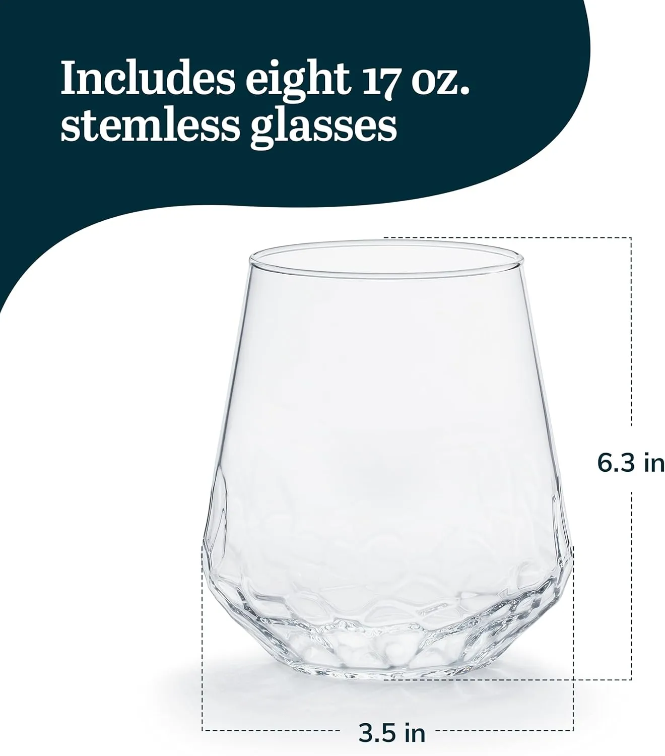 Libbey Hammered Stemless Wine Glasses Set of 8, 17-ounce, Dishwasher-Safe, Chiseled Textured Glassware Set, All Purpose Wine Glasses for Everyday Use