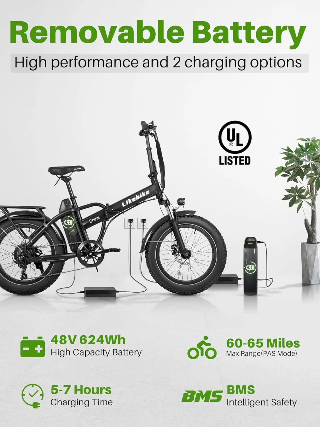 Likebike Folding Electric Bike for Adults with 500W Motor (Peak 720W),20" 4.0 Fat Tire Ebike,48V 13Ah Removable Battery UL 2849 Certified, Adults Electric Bicycles E-Bike,7-Speed and Front Suspension