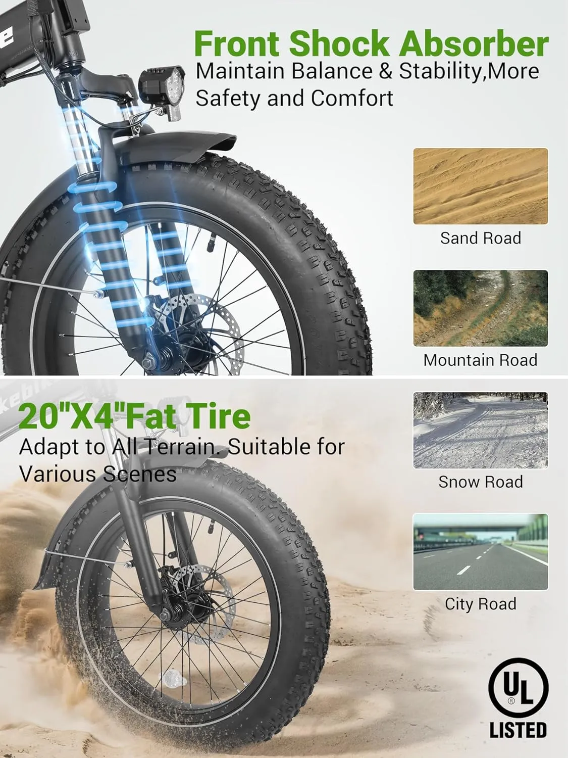 Likebike Folding Electric Bike for Adults with 500W Motor (Peak 720W),20" 4.0 Fat Tire Ebike,48V 13Ah Removable Battery UL 2849 Certified, Adults Electric Bicycles E-Bike,7-Speed and Front Suspension