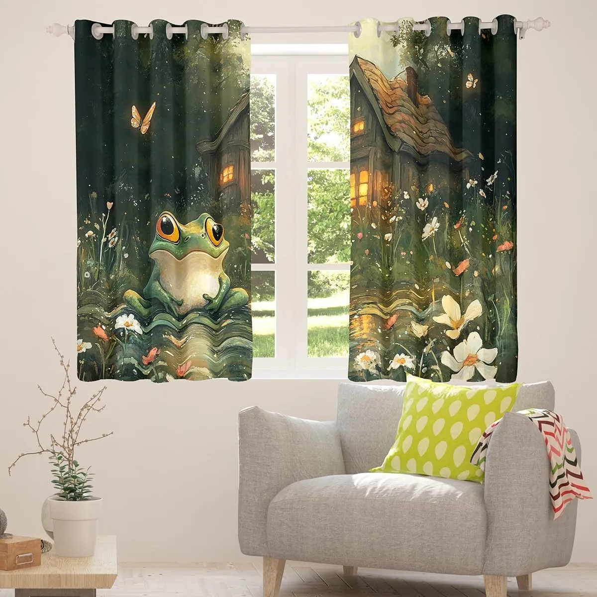 Lodge Frog Windows Drapes Blackout 30%-50%,Rustic Cabin Jungle Wild Animal Starry Curtains for Living Room,Nature Daisy Flowers Lake Lotus Leaves Window Drapes 52Wx63L 2 Panels