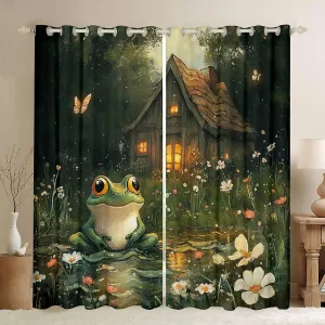 Lodge Frog Windows Drapes Blackout 30%-50%,Rustic Cabin Jungle Wild Animal Starry Curtains for Living Room,Nature Daisy Flowers Lake Lotus Leaves Window Drapes 52Wx63L 2 Panels