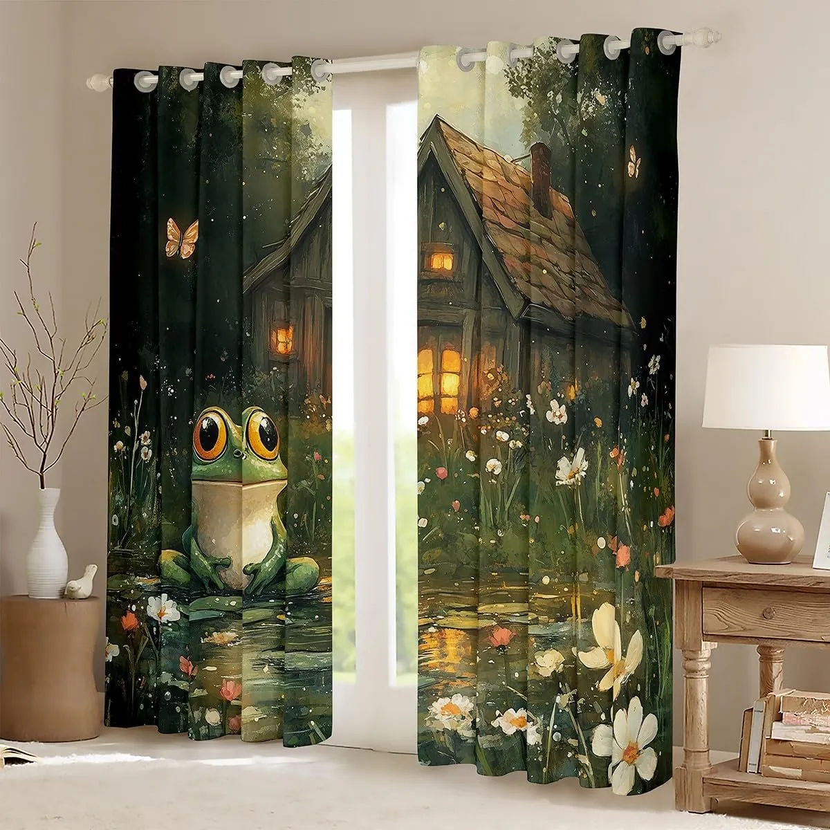 Lodge Frog Windows Drapes Blackout 30%-50%,Rustic Cabin Jungle Wild Animal Starry Curtains for Living Room,Nature Daisy Flowers Lake Lotus Leaves Window Drapes 52Wx63L 2 Panels