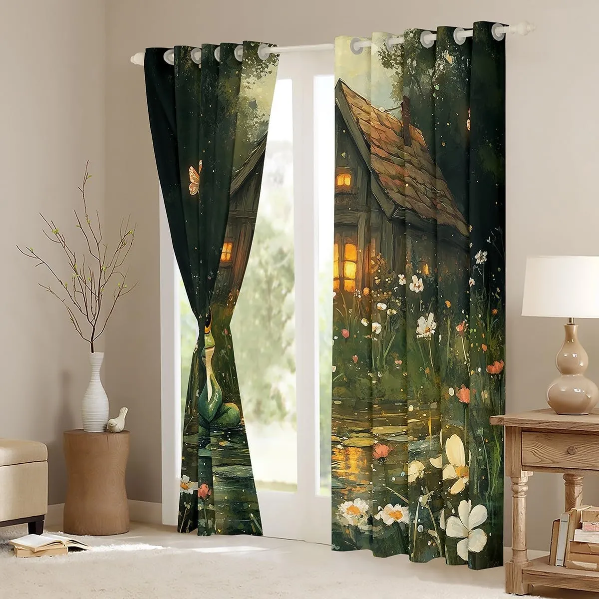 Lodge Frog Windows Drapes Blackout 30%-50%,Rustic Cabin Jungle Wild Animal Starry Curtains for Living Room,Nature Daisy Flowers Lake Lotus Leaves Window Drapes 52Wx63L 2 Panels