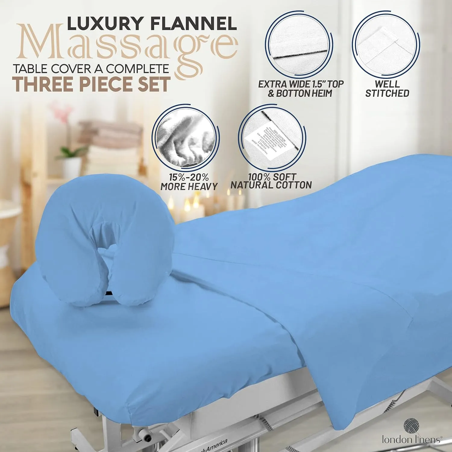 London Linens 3 Piece Set Massage Table Sheets Set - 100% Natural Cotton Flannel- Includes Massage Table Cover, Massage Fitted Sheet, and Massage Face Rest Cover (Light Blue)