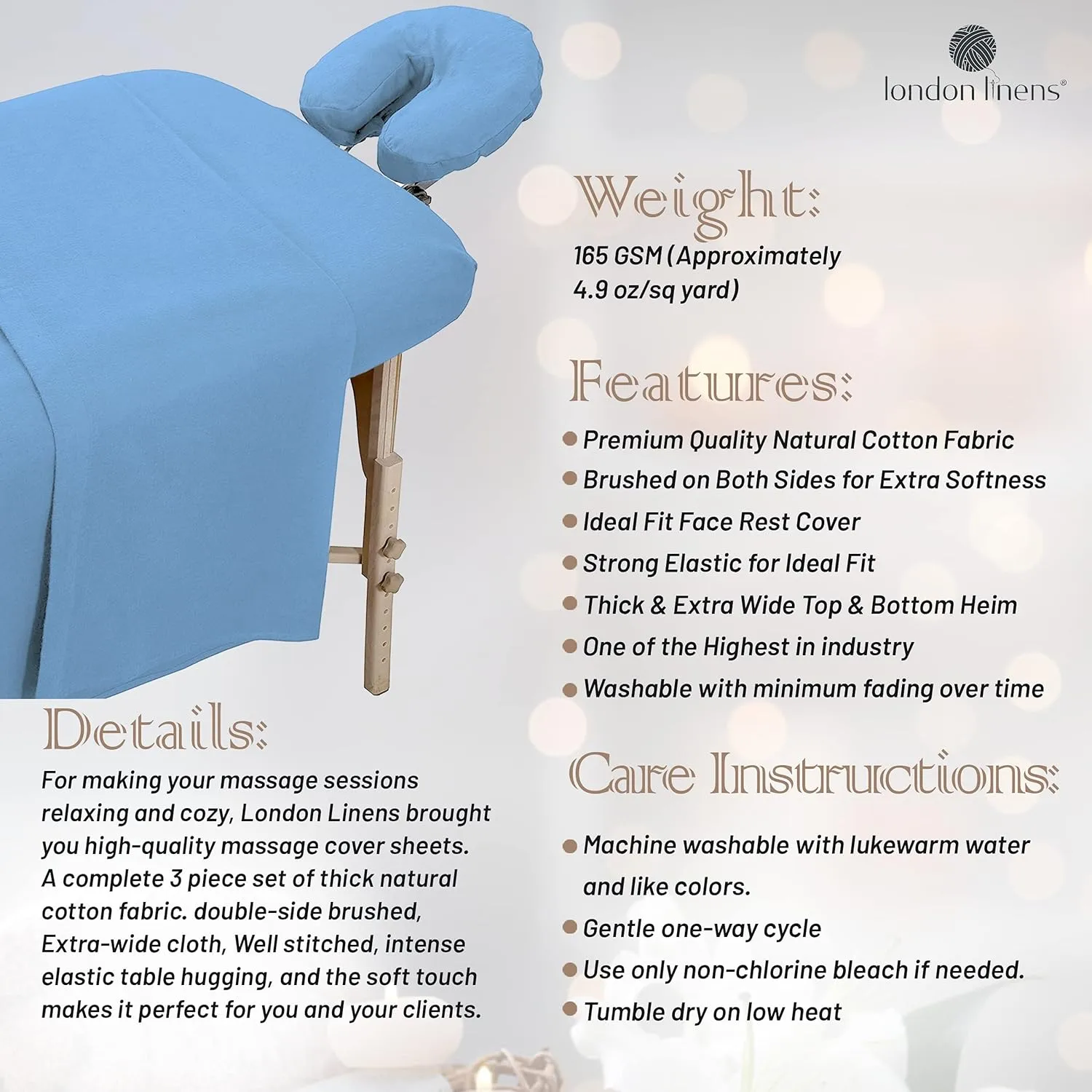 London Linens 3 Piece Set Massage Table Sheets Set - 100% Natural Cotton Flannel- Includes Massage Table Cover, Massage Fitted Sheet, and Massage Face Rest Cover (Light Blue)