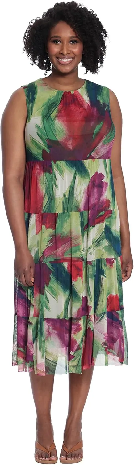 London Times Women's Sleeveless Tiered Midi