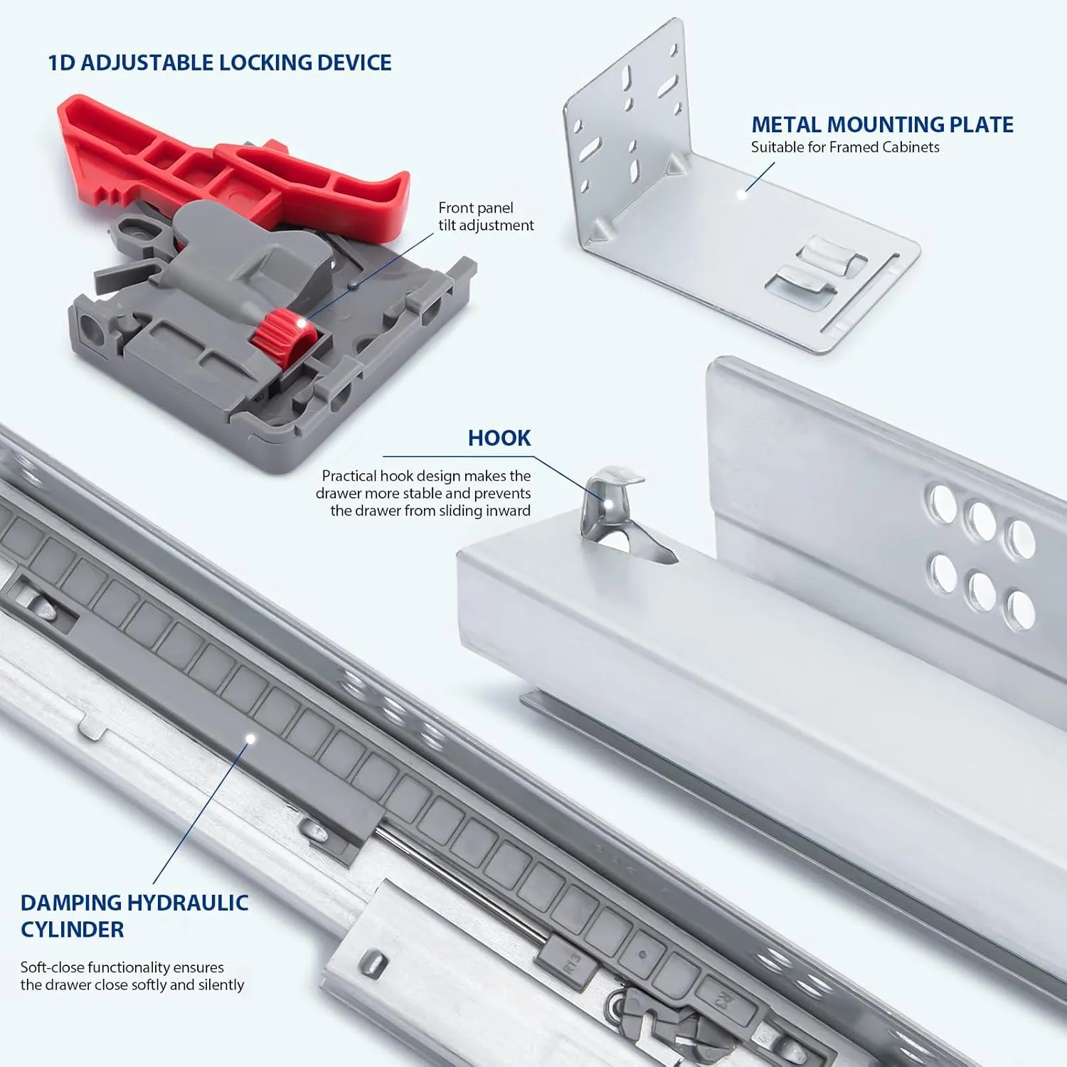 LONTAN Undermount Soft Close Drawer Slides 21 Inch Hidden Bottom Mount Full Extension Cabinet Rails with Rear mounting Bracket and Locking Devices 1 Pair Concealed Drawer Runners 100lb Load Capacity