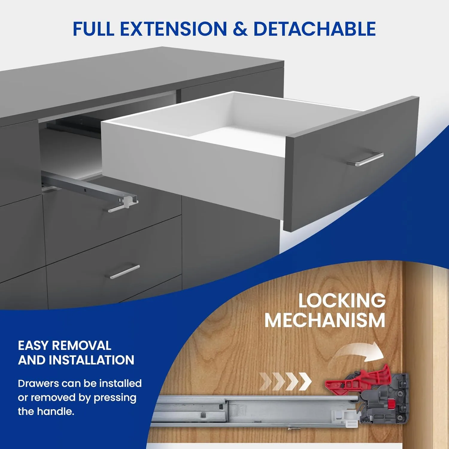 LONTAN Undermount Soft Close Drawer Slides 21 Inch Hidden Bottom Mount Full Extension Cabinet Rails with Rear mounting Bracket and Locking Devices 1 Pair Concealed Drawer Runners 100lb Load Capacity