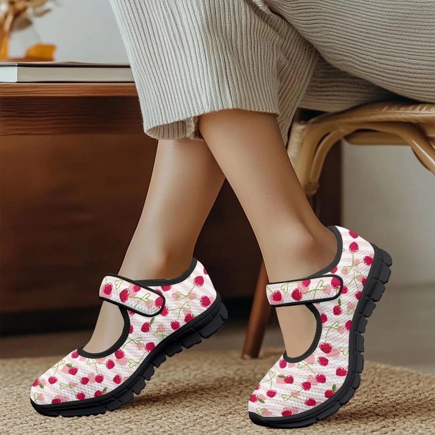 Love Heart Pattern Womens Shoes Casual Breathable Slip On Kung Fu Mary Jane Shoes Diabetic Adjustable Grounding Shoes