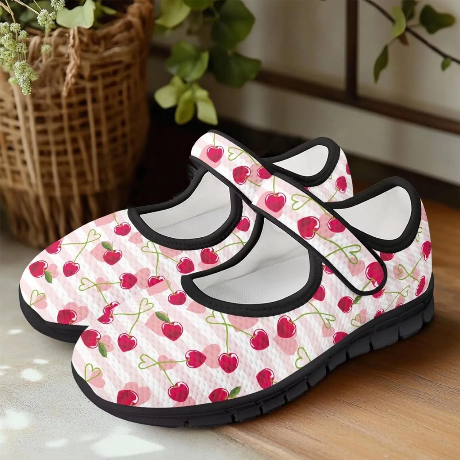 Love Heart Pattern Womens Shoes Casual Breathable Slip On Kung Fu Mary Jane Shoes Diabetic Adjustable Grounding Shoes
