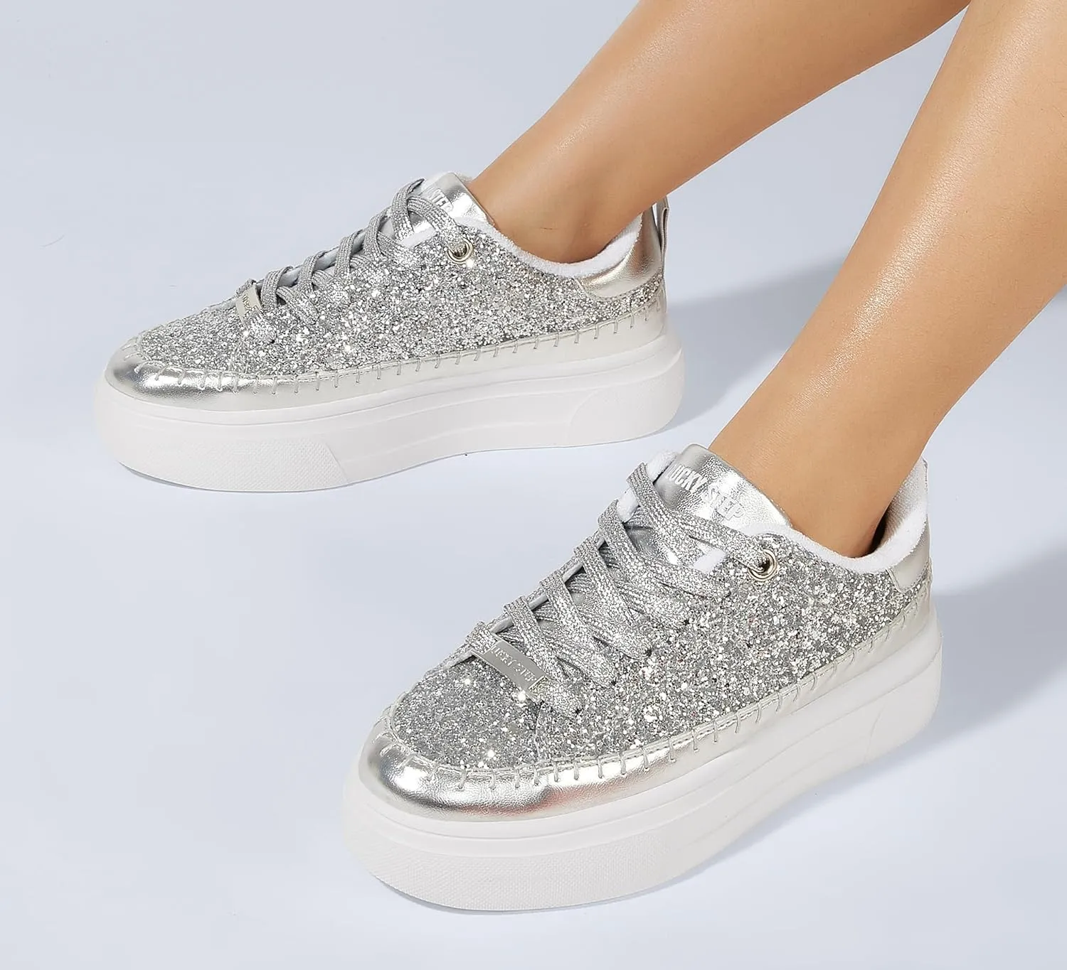 LUCKY STEP Platform Glitter Sneakers for Women Fashion Sparkly Bling Shiny Low Top Tennis Sneakers Faux Leather Casual Walking Shoes