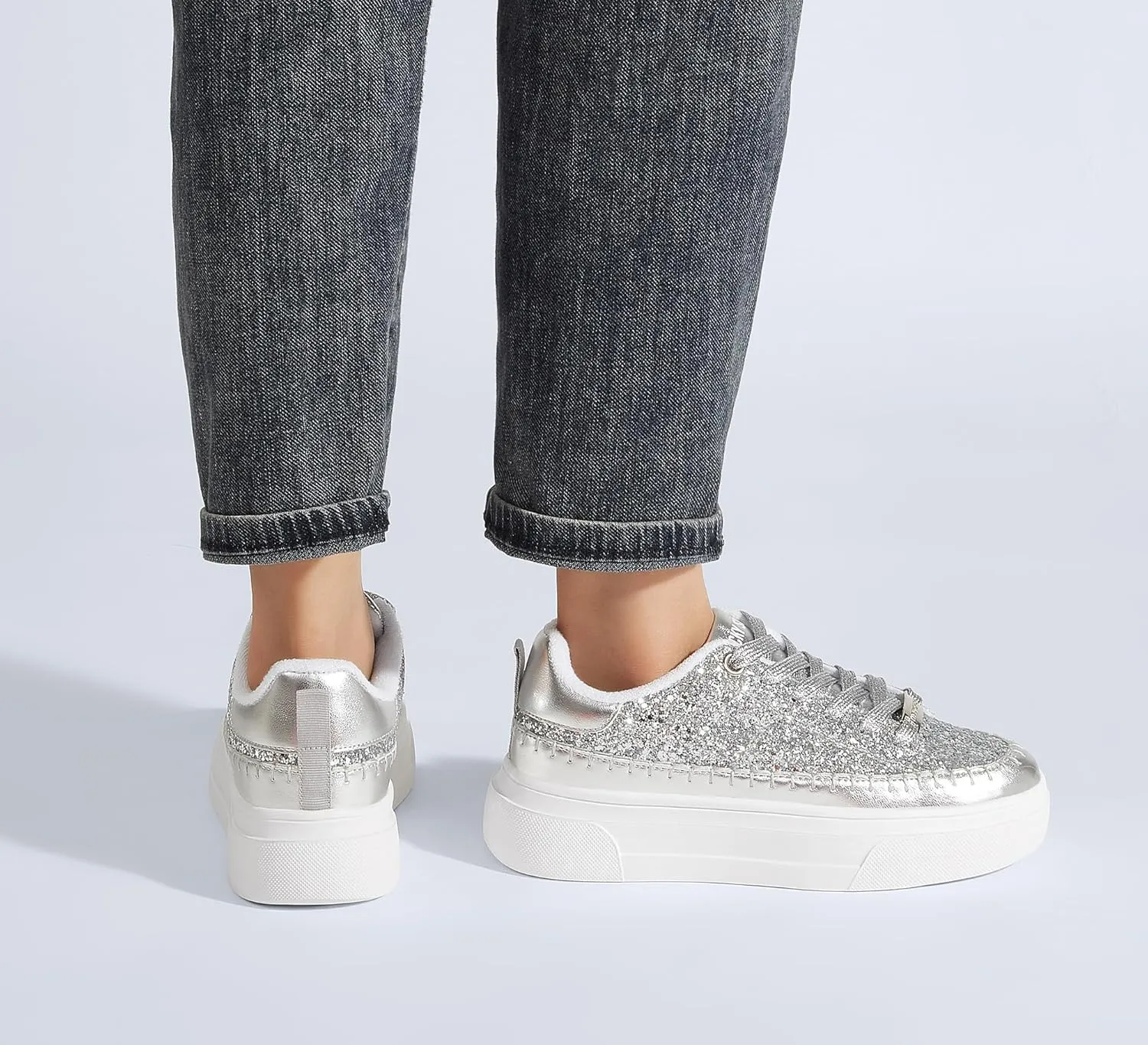 LUCKY STEP Platform Glitter Sneakers for Women Fashion Sparkly Bling Shiny Low Top Tennis Sneakers Faux Leather Casual Walking Shoes