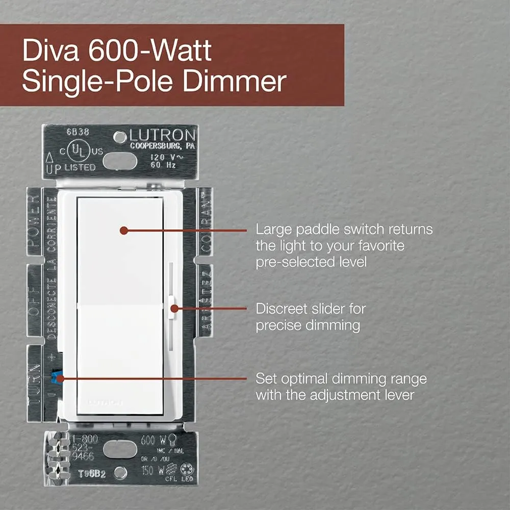 Lutron Diva Dimmer Switch for Incandescent Bulbs, 600-Watt/Single-Pole, DVSC-600P-SW, Snow