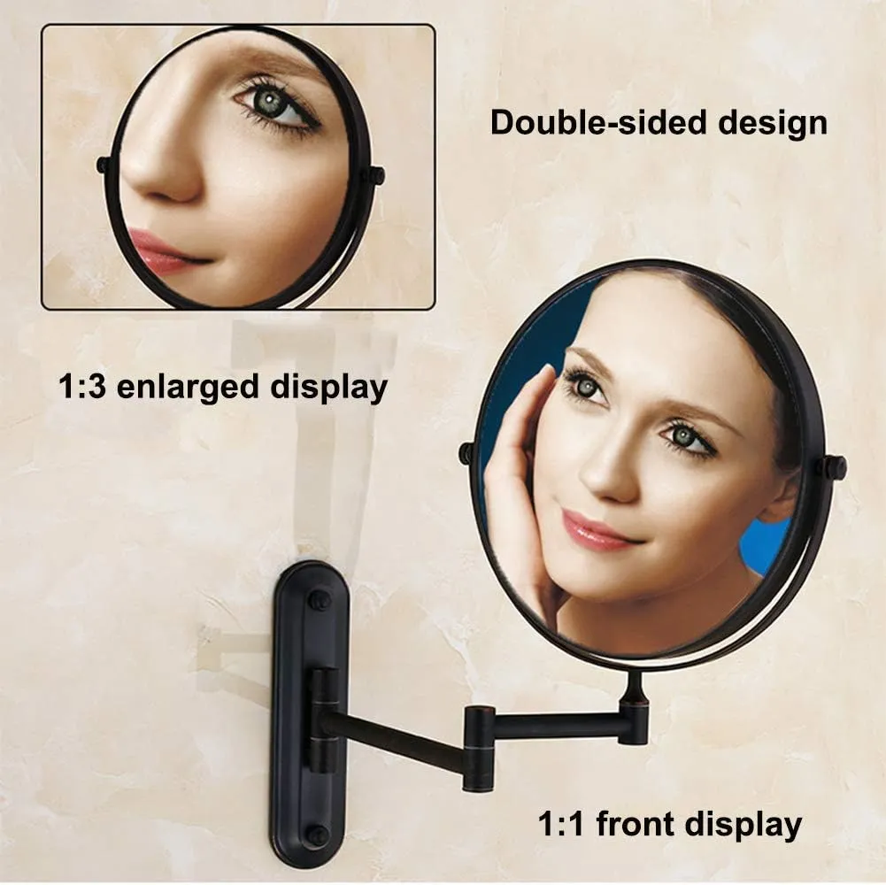 Makeup Mirror Mirror Wall Mounted Cosmetic with 1X/ 3X Magnification, 20 cm Diameter, Round Shaped Double-Sided,360° Free Rotation, Extendable for Bathroom, Spa and Hotel Shaving Beauty(BaseA)