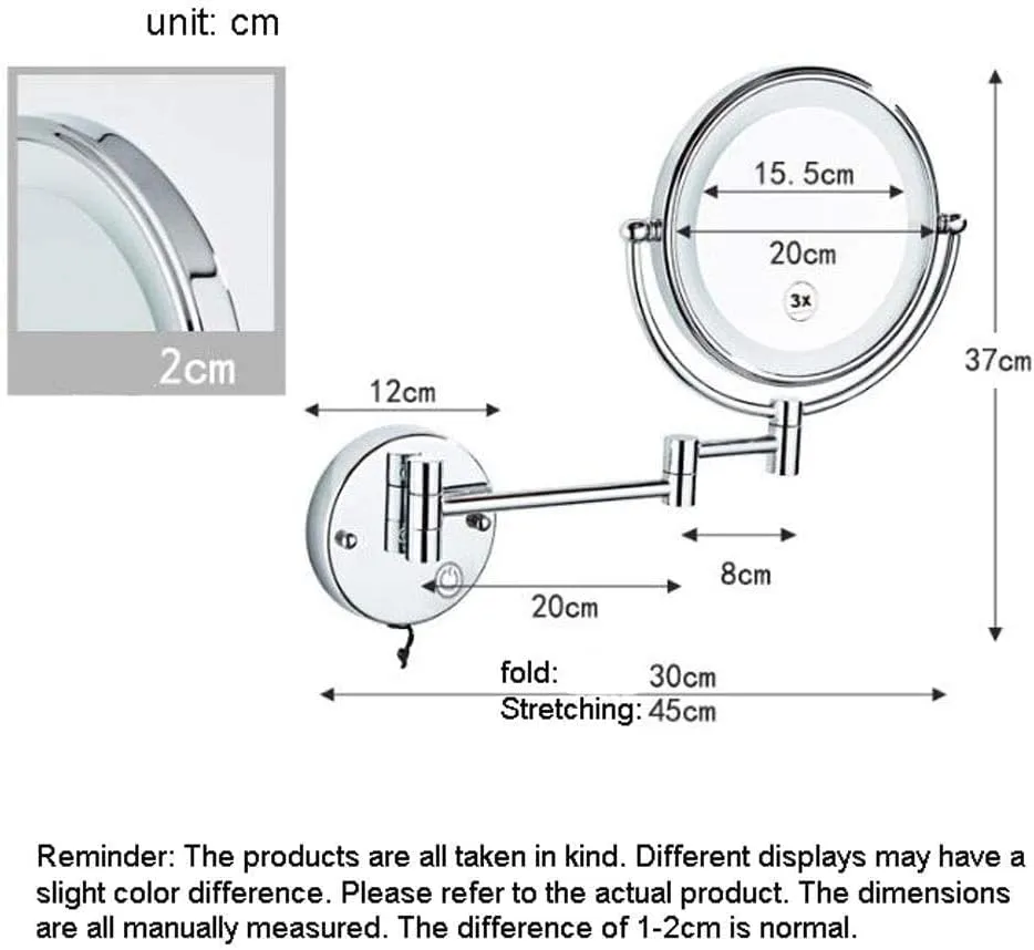 Makeup Mirror Vanity Mirror Makeup Mirror Bathroom Folding Vanity Mirror Led Wall-Mounted Beauty Mirror with Light for Dressing Tables Bedroom Bathroom Cosmetic Mirror(Matt Black)