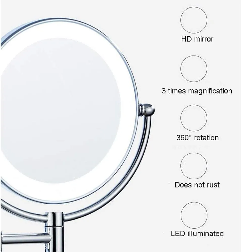 Makeup Mirror Vanity Mirror Makeup Mirror Bathroom Folding Vanity Mirror Led Wall-Mounted Beauty Mirror with Light for Dressing Tables Bedroom Bathroom Cosmetic Mirror(Matt Black)