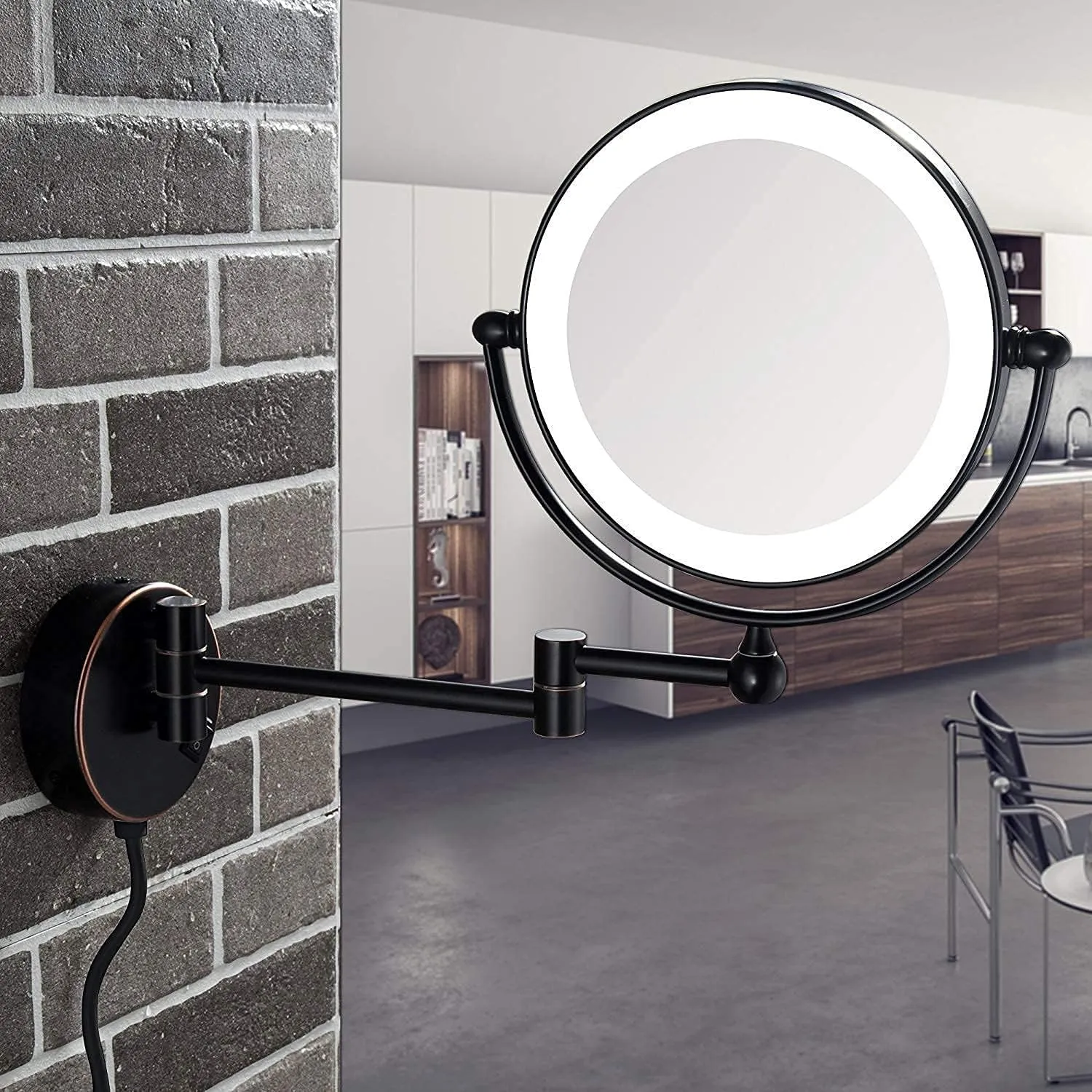 Makeup Mirror with Led Lights 10X, Makeup Mirror Wall Mounted, Round Makeup Mirror 360 Rotation, for Makeup(Black)