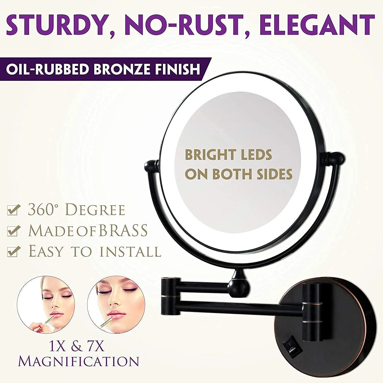 Makeup Mirror with Led Lights 10X, Makeup Mirror Wall Mounted, Round Makeup Mirror 360 Rotation, for Makeup(Black)