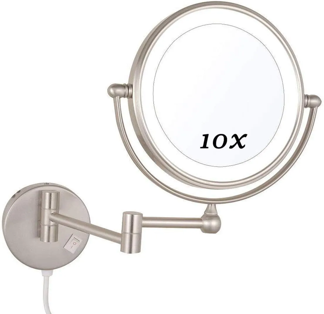 Makeup Mirror with Led Lights 10X, Makeup Mirror Wall Mounted, Round Makeup Mirror 360 Rotation, for Makeup(Nickel)